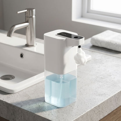 zero2cart white automatic touchless soap dispenser on a bathroom counter with foam soap dispensing