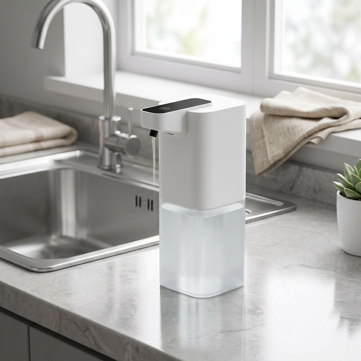 zero2cart white automatic touchless soap dispenser on a kitchen countertop near a sink