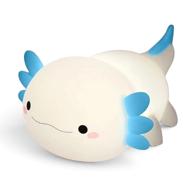 zero2cart rechargeable axolotl night light with a soft white glow and blue gills, perfect for nursery decor.