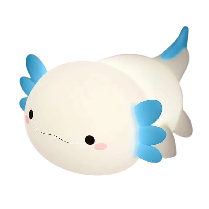 zero2cart rechargeable axolotl night light with a soft white glow and blue gills, perfect for nursery decor.