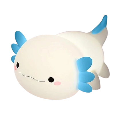 zero2cart rechargeable axolotl night light with a soft white glow and blue gills, perfect for nursery decor.