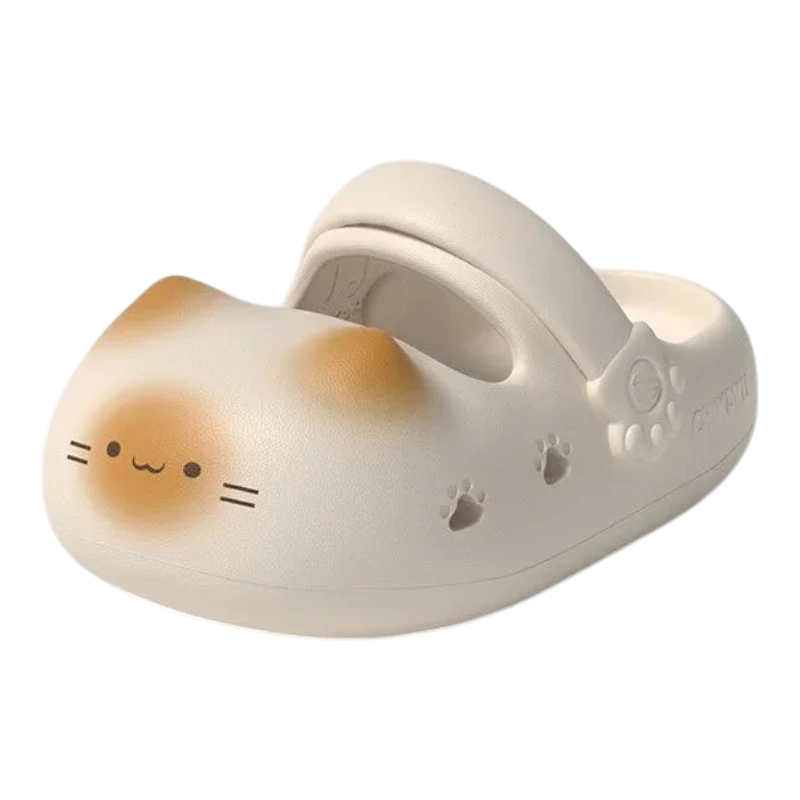 zero2cart beige EVA cat paw clogs with cute animal face design and side cutouts for summer indoor wear