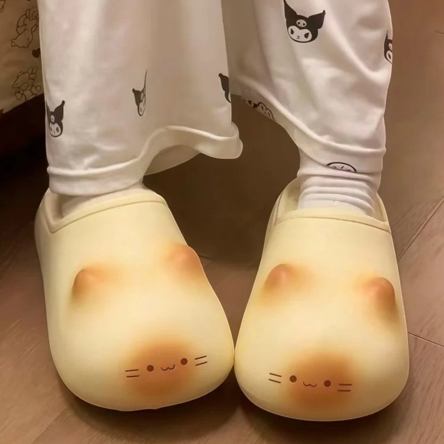 zero2cart beige EVA cat paw slippers with cute animal face design worn indoors on a wooden floor