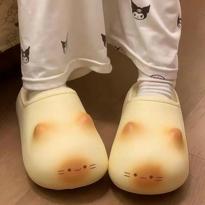 zero2cart beige EVA cat paw slippers with cute animal face design worn indoors on a wooden floor
