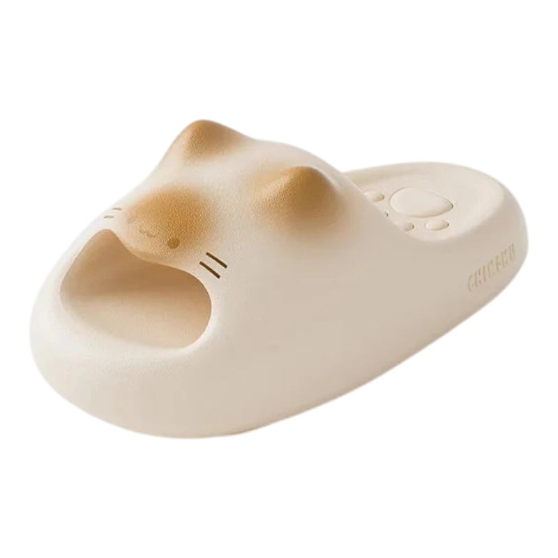 zero2cart beige EVA cat paw novelty summer slides with a cute animal face design and flat sole