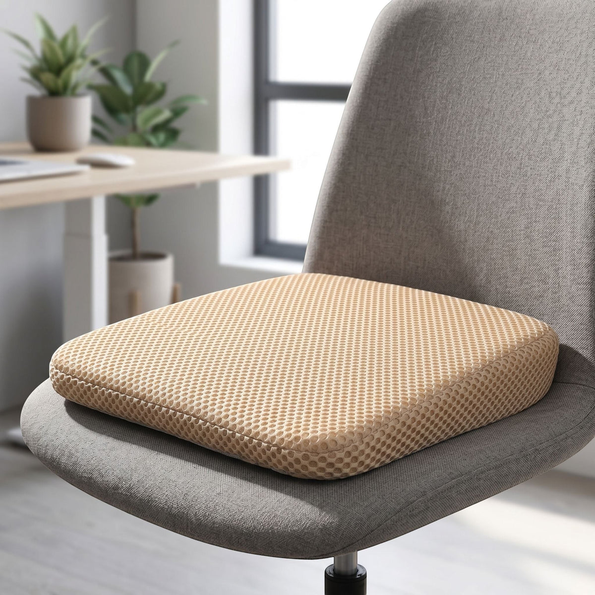 zero2cart beige honeycomb car seat booster cushion with breathable 3D mesh on a grey office chair