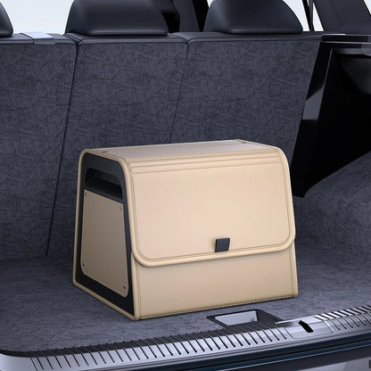 zero2cart magnetic car trunk organizer in beige PU leather with a reinforced ABS frame inside a vehicle trunk