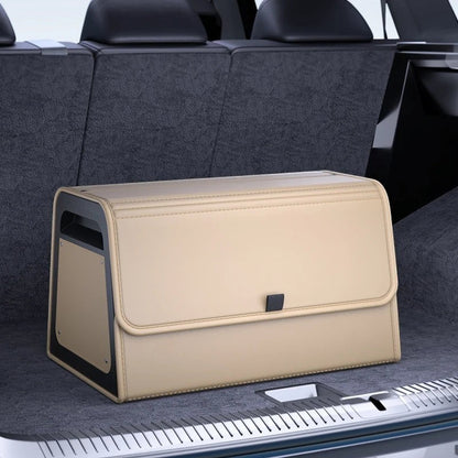 zero2cart beige PU leather magnetic car trunk organizer with a reinforced frame sitting in a vehicle cargo area