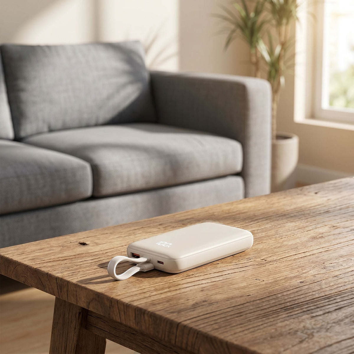 zero2cart beige 10000mAh magnetic wireless power bank with digital display sitting on a wooden table in a living room