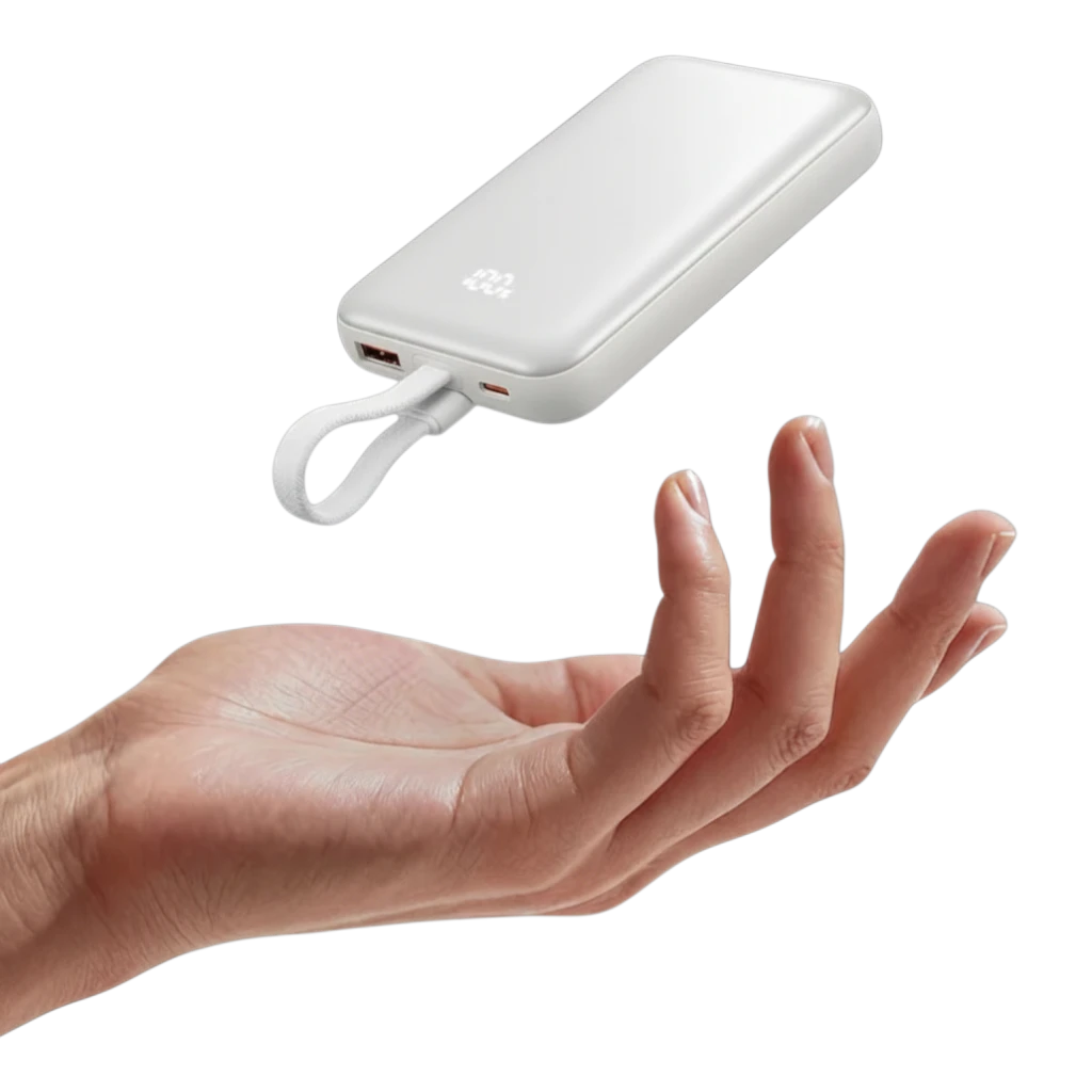 zero2cart beige 10000mAh magnetic wireless power bank with digital display hovering above a hand