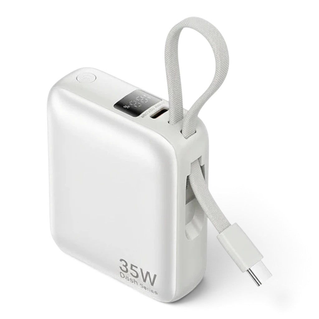 zero2cart beige 10000mAh mini power bank with built-in USB-C cable, digital display, and 35W fast charging output.