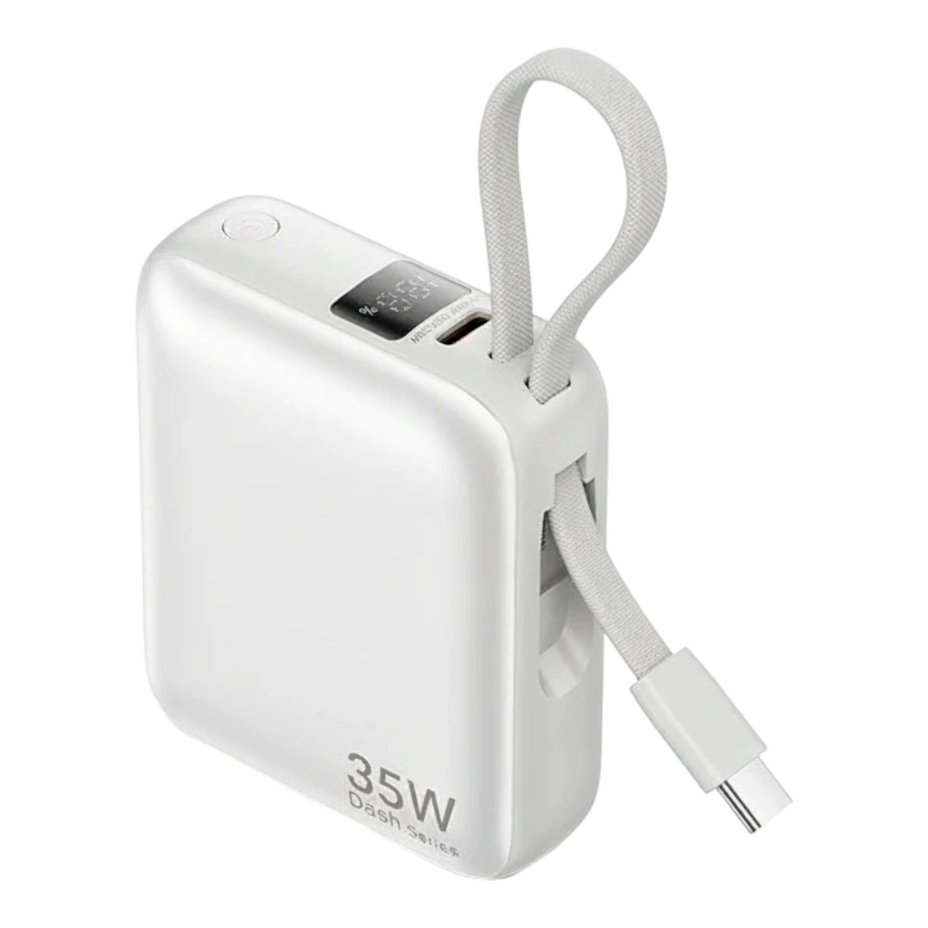zero2cart beige 10000mAh mini power bank with built-in USB-C cable, digital display, and 35W fast charging output.