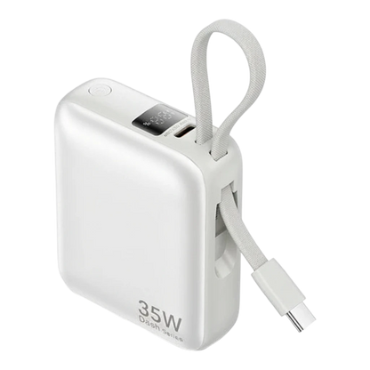 zero2cart beige 10000mAh mini power bank with built-in USB-C cable, digital display, and 35W fast charging output.
