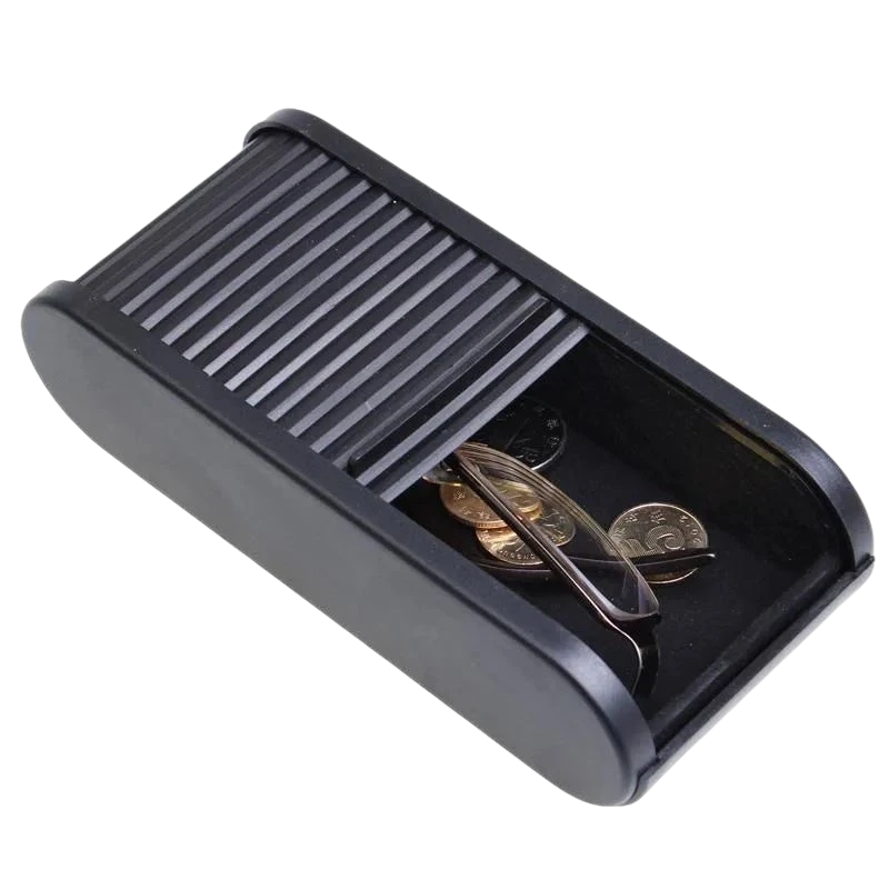 zero2cart black telescopic car dashboard storage box with a sliding lid holding coins and glasses