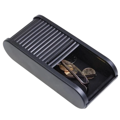 zero2cart black telescopic car dashboard storage box with a sliding lid holding coins and glasses