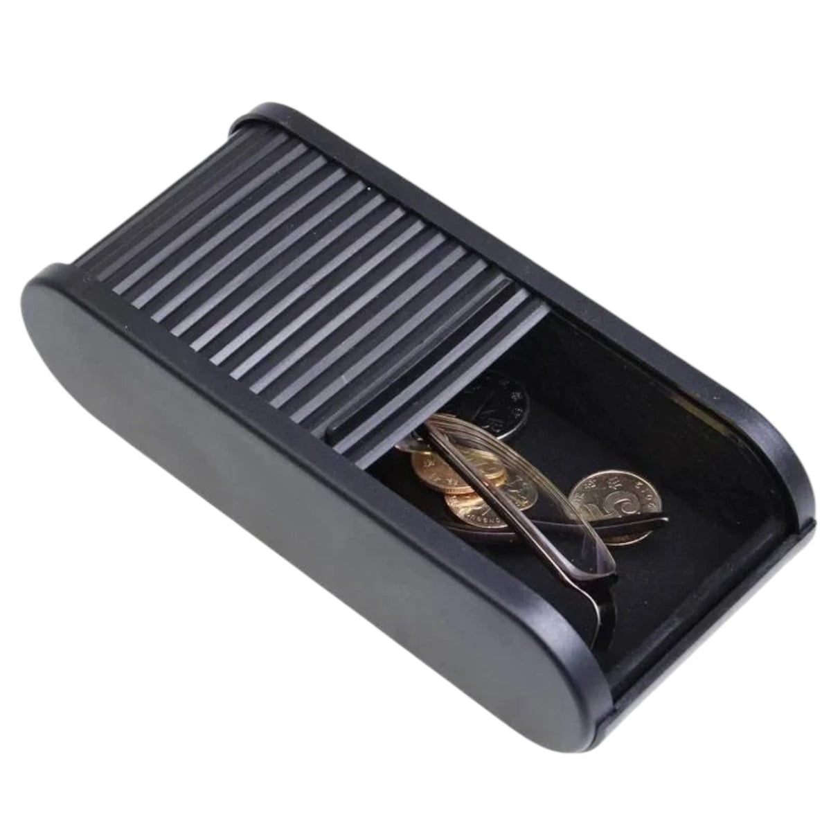 zero2cart black telescopic car dashboard storage box with a sliding lid holding coins and glasses