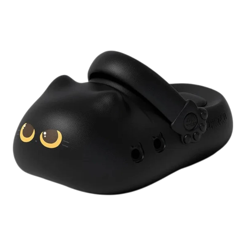 zero2cart black EVA cat paw novelty summer clogs with yellow cat eye design and adjustable heel strap