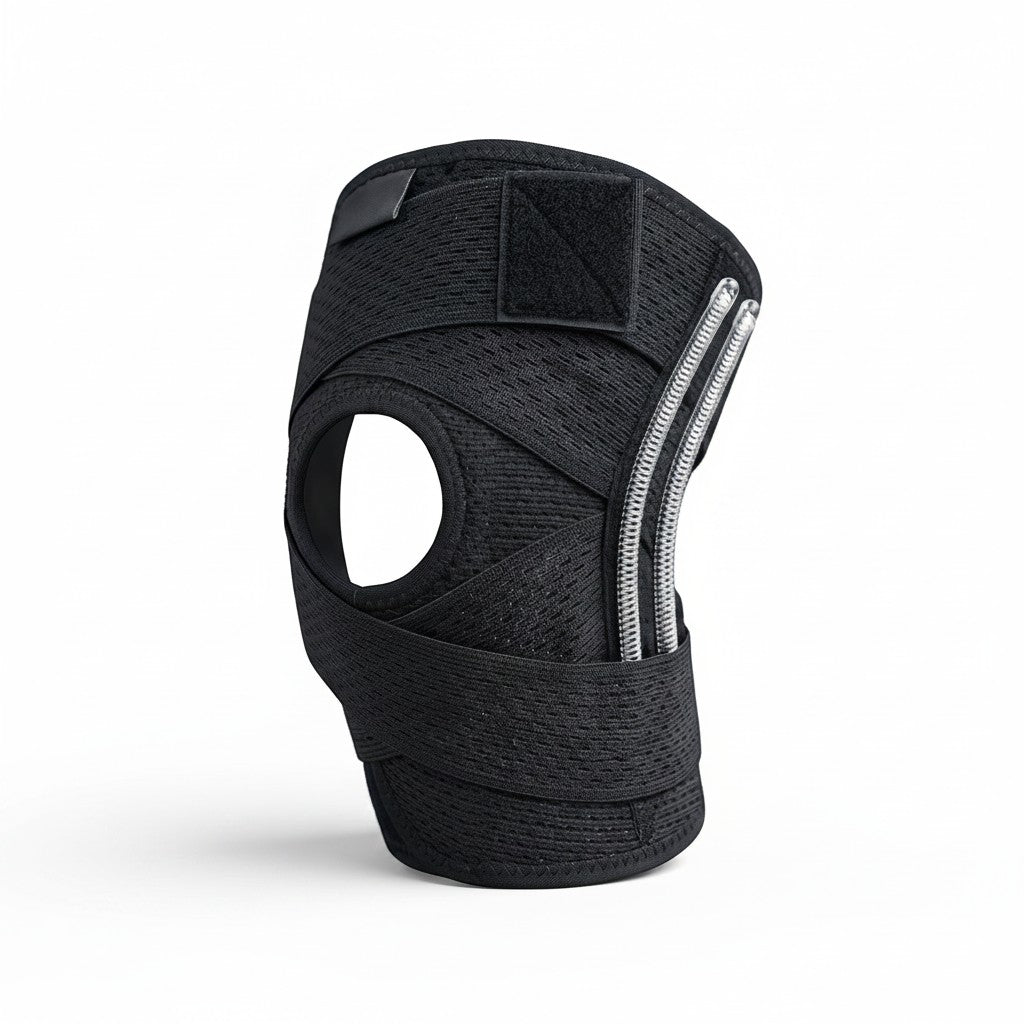 zero2cart black compression knee brace with open-patella design, side stabilizers, and adjustable hook-and-loop straps