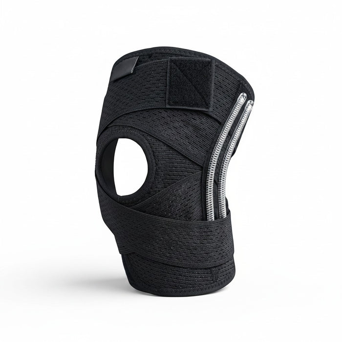 zero2cart black compression knee brace with open-patella design, side stabilizers, and adjustable hook-and-loop straps