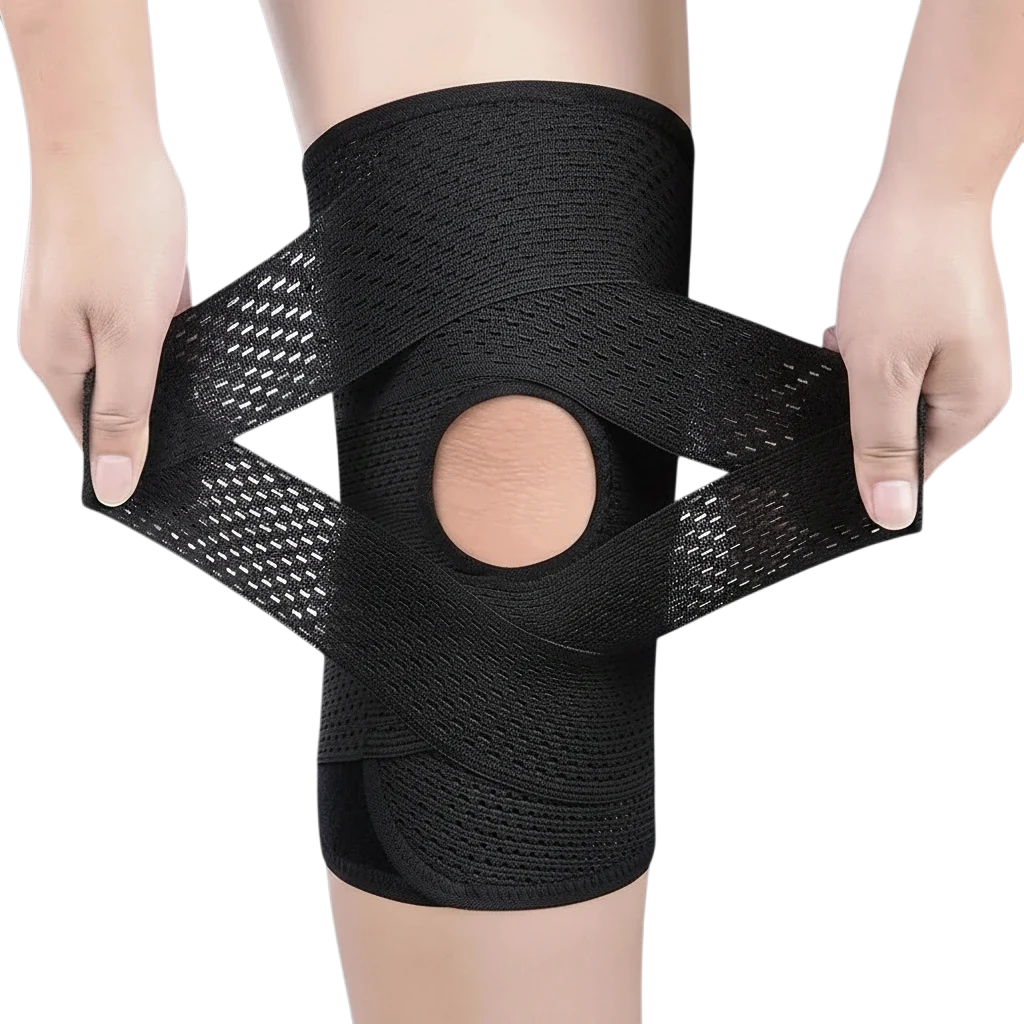 zero2cart black open-patella compression knee brace with adjustable straps and side stabilizers on a person's knee