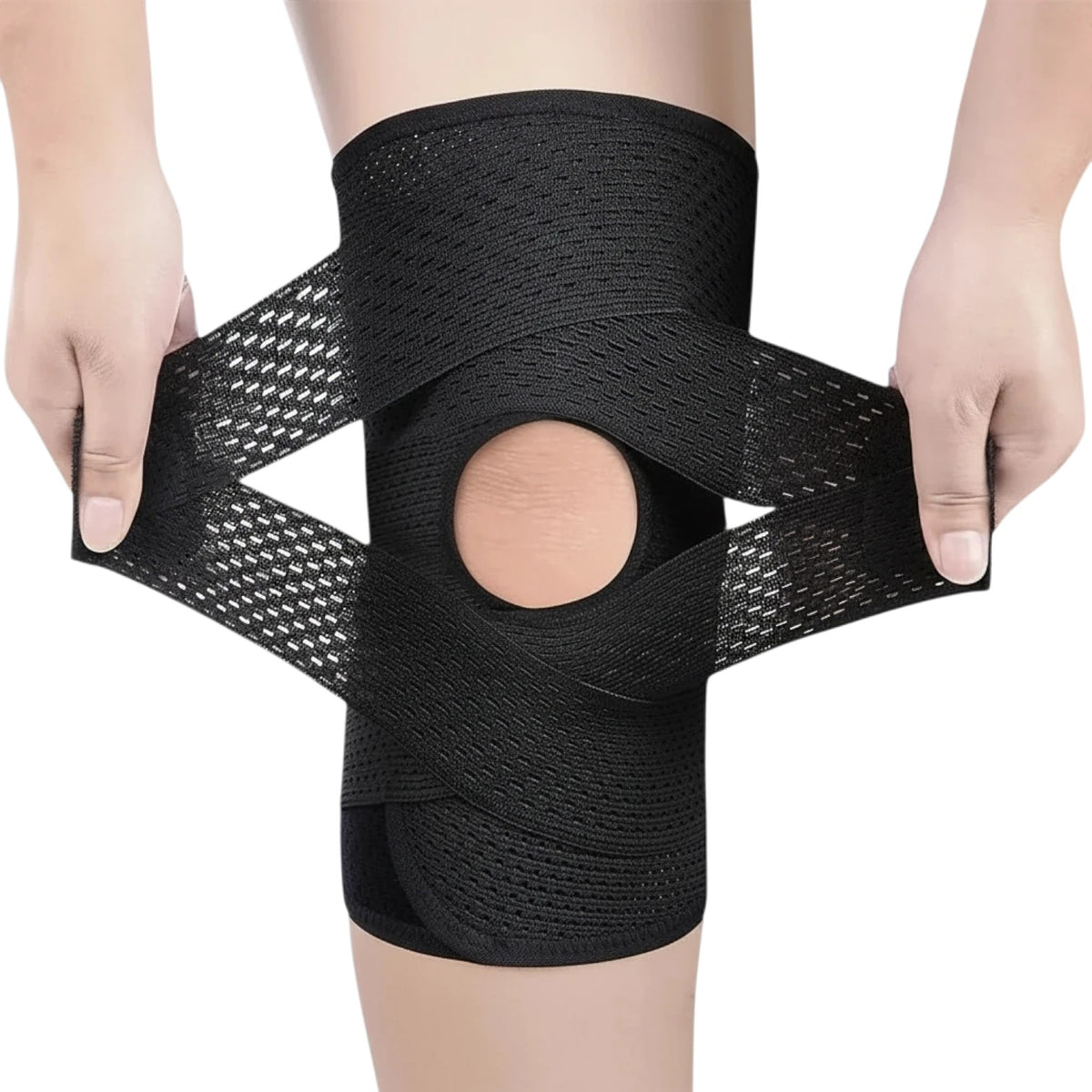 zero2cart black compression knee brace with open-patella design, side stabilizers, and adjustable wrap straps.
