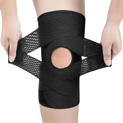 zero2cart black compression knee brace with open-patella design, side stabilizers, and adjustable wrap straps.