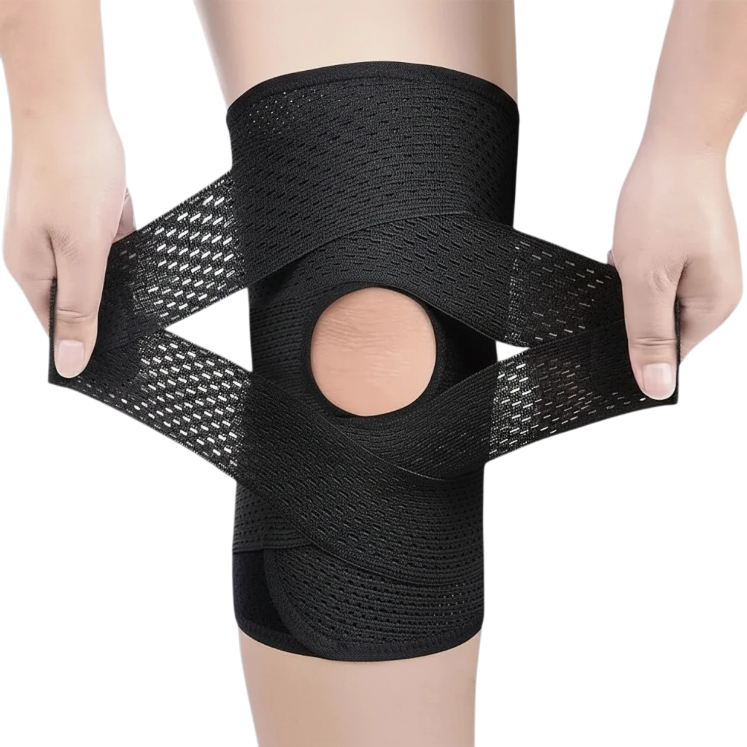 zero2cart black compression knee brace with open-patella design, side stabilizers, and adjustable wrap straps.