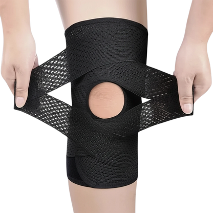 zero2cart black compression knee brace with open-patella design, side stabilizers, and adjustable wrap straps.