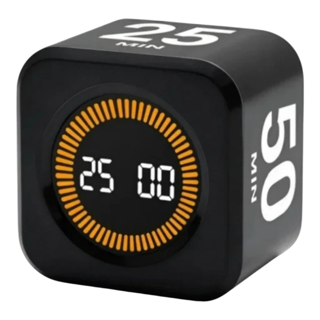 zero2cart black cube-shaped digital pomodoro timer with LCD display and gravity sensor flip control
