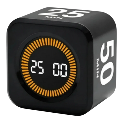 zero2cart black cube-shaped digital pomodoro timer with LCD display and gravity sensor flip control