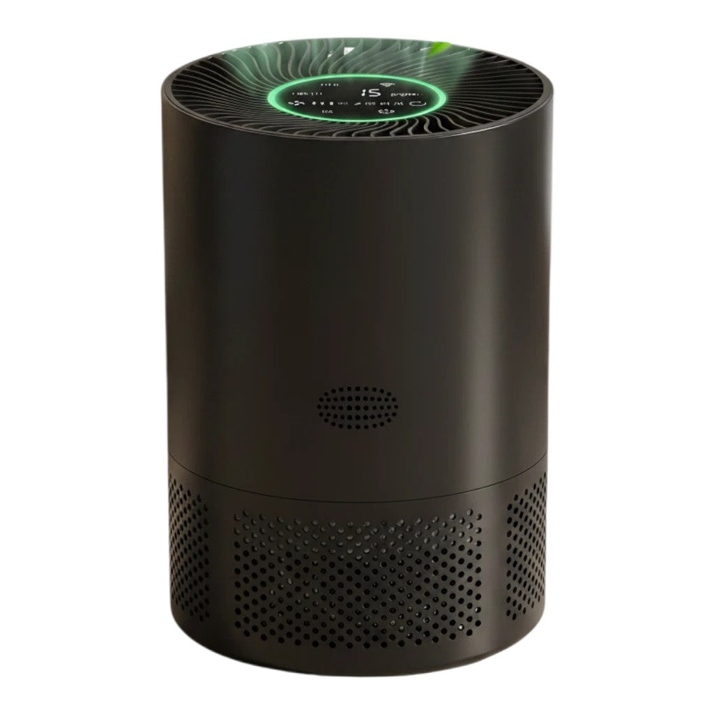zero2cart portable black HEPA air purifier with digital display and green air quality indicator in a living room