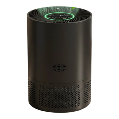 zero2cart portable black HEPA air purifier with digital display and green air quality indicator in a living room