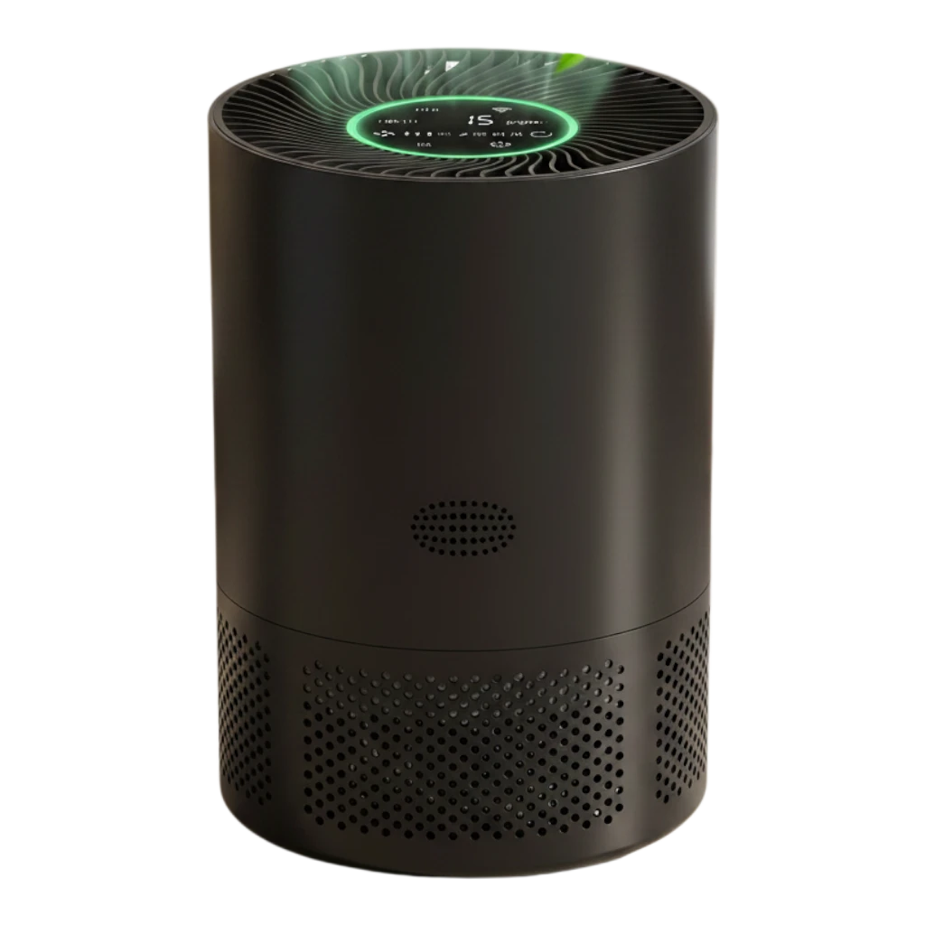 zero2cart portable black HEPA air purifier with digital display and green air quality indicator in a living room