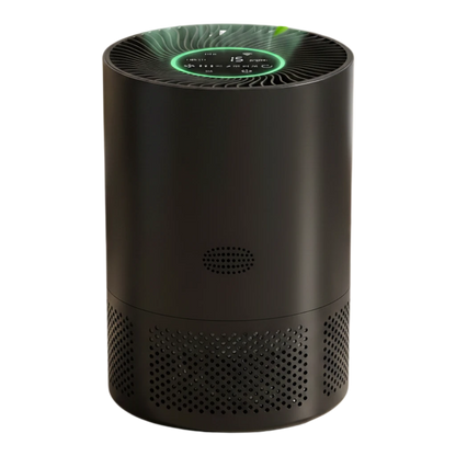 zero2cart portable black HEPA air purifier with digital display and green air quality indicator in a living room