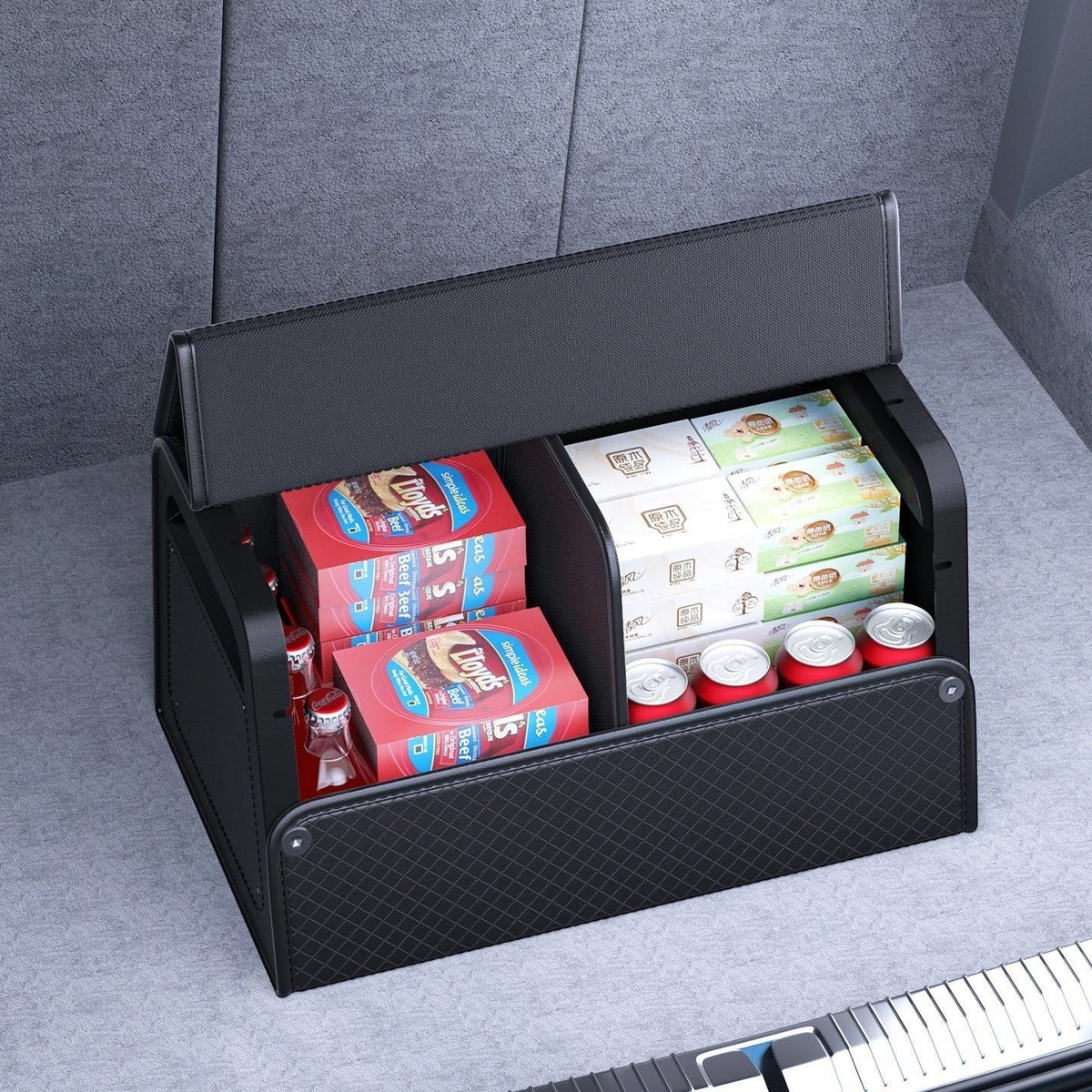 zero2cart black PU leather magnetic car trunk organizer filled with groceries and drinks in a vehicle