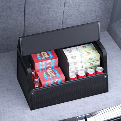 zero2cart black PU leather magnetic car trunk organizer filled with groceries and drinks in a vehicle