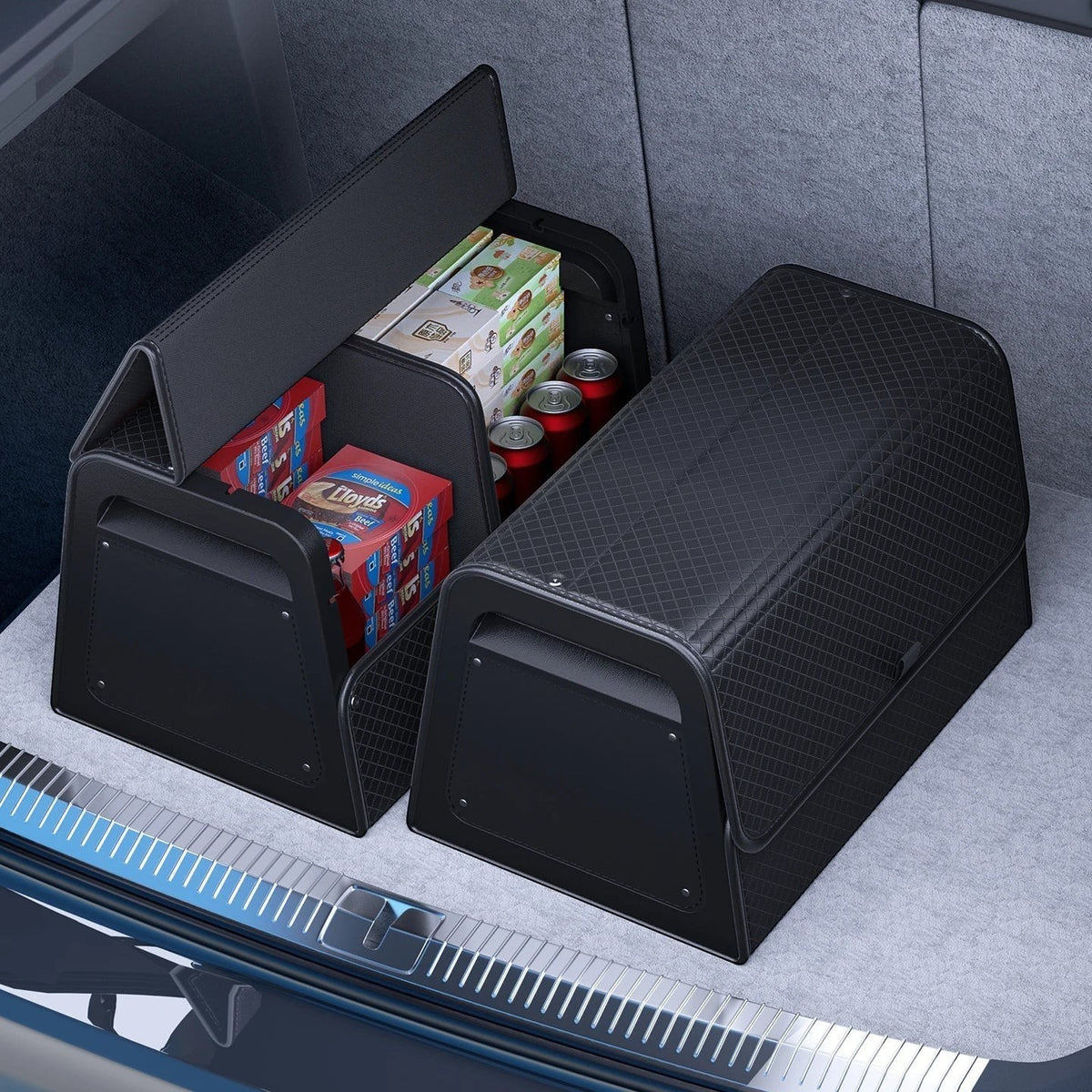 zero2cart black PU leather magnetic car trunk organizer with adjustable dividers holding groceries in a vehicle trunk