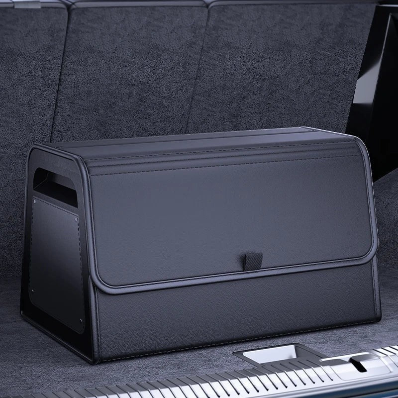 zero2cart black PU leather magnetic car trunk organizer with a reinforced ABS frame and foldable design