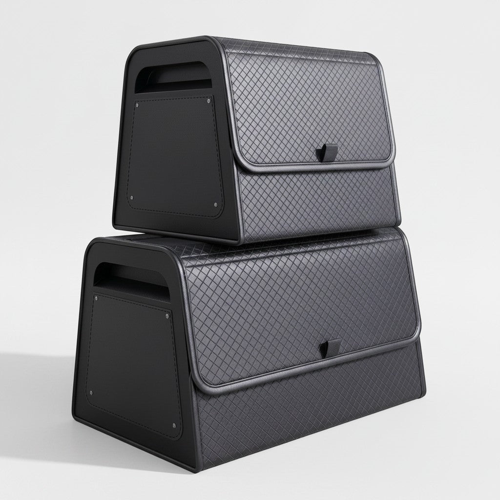 zero2cart black PU leather magnetic car trunk organizers in two sizes stacked on a white background
