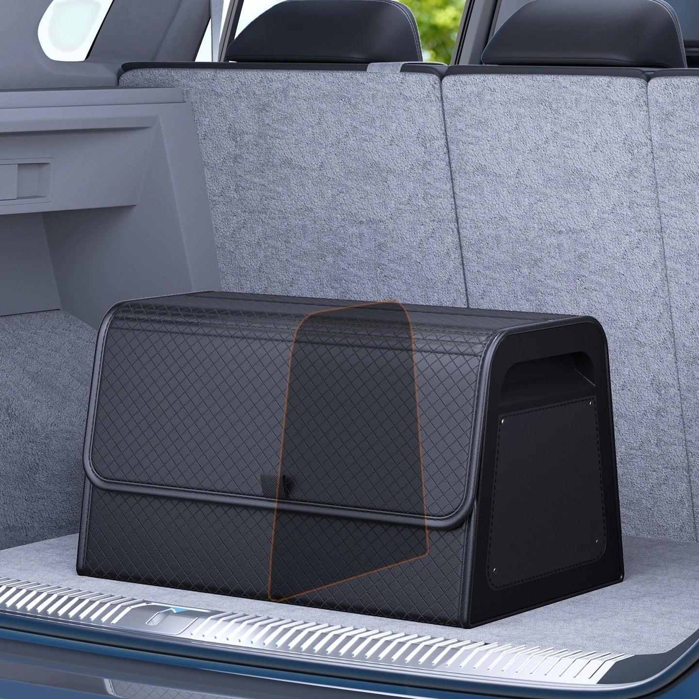 zero2cart black PU leather magnetic car trunk organizer with a diamond-quilted pattern and reinforced ABS frame.