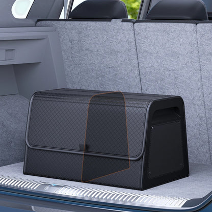 zero2cart black PU leather magnetic car trunk organizer with a diamond-quilted pattern and reinforced ABS frame.