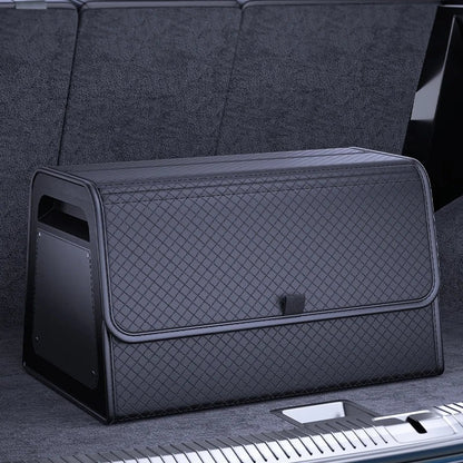 zero2cart black PU leather magnetic car trunk organizer with a quilted texture and reinforced ABS frame