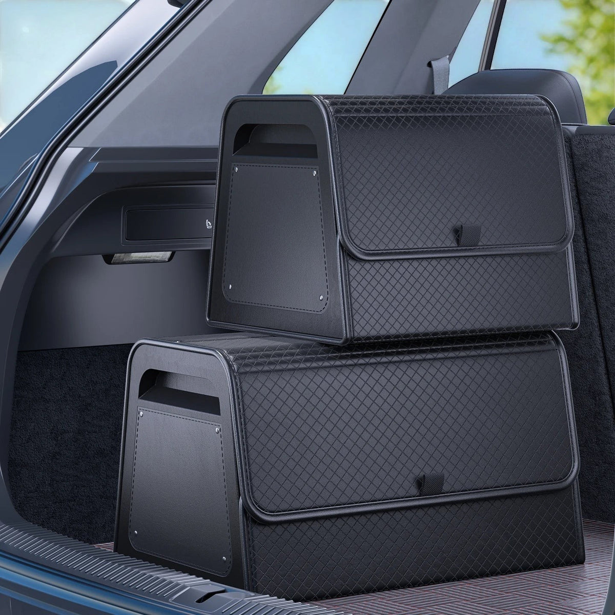 zero2cart black PU leather magnetic car trunk organizers stacked in a vehicle cargo area with a diamond-quilted design