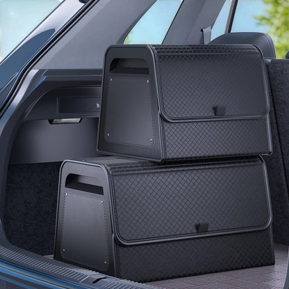 zero2cart black PU leather magnetic car trunk organizers stacked in a vehicle cargo area with a diamond-quilted design