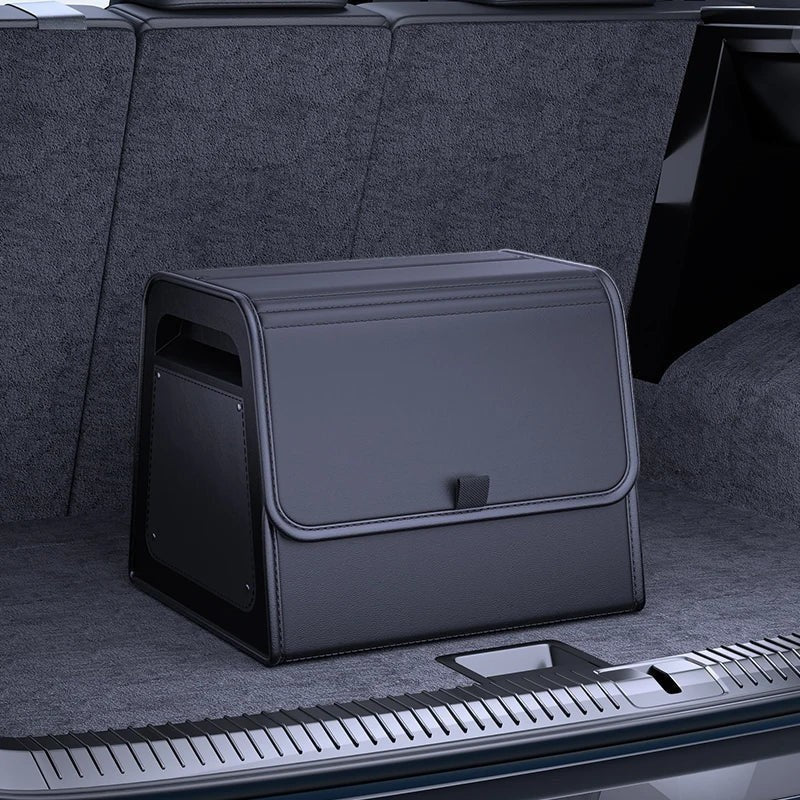 zero2cart black PU leather magnetic car trunk organizer with a reinforced ABS frame inside a vehicle cargo area.