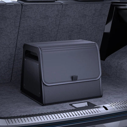 zero2cart black PU leather magnetic car trunk organizer with a reinforced ABS frame inside a vehicle cargo area.