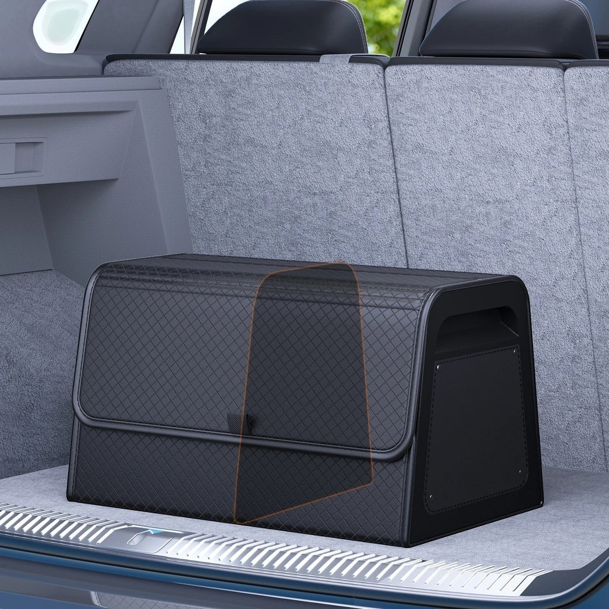 zero2cart black PU leather magnetic car trunk organizer with a diamond-quilted pattern and reinforced ABS frame.