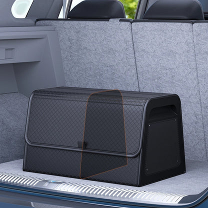 zero2cart black PU leather magnetic car trunk organizer with a diamond-quilted pattern and reinforced ABS frame.