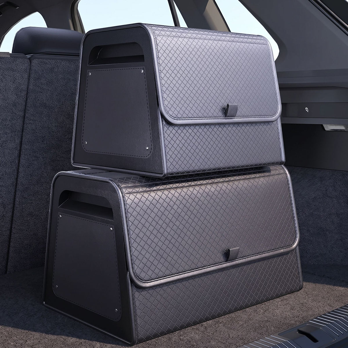 zero2cart black PU leather magnetic car trunk organizers stacked in a vehicle cargo area with diamond-quilted texture.