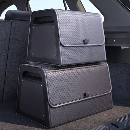 zero2cart black PU leather magnetic car trunk organizers stacked in a vehicle cargo area with diamond-quilted texture.